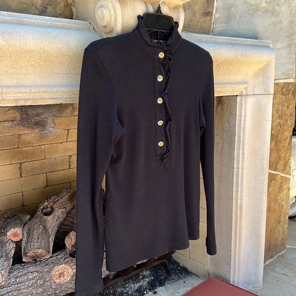 Tory Burch Ruffled Long Sleeve Tee. Black. Sz XS. - Picture 2 of 6